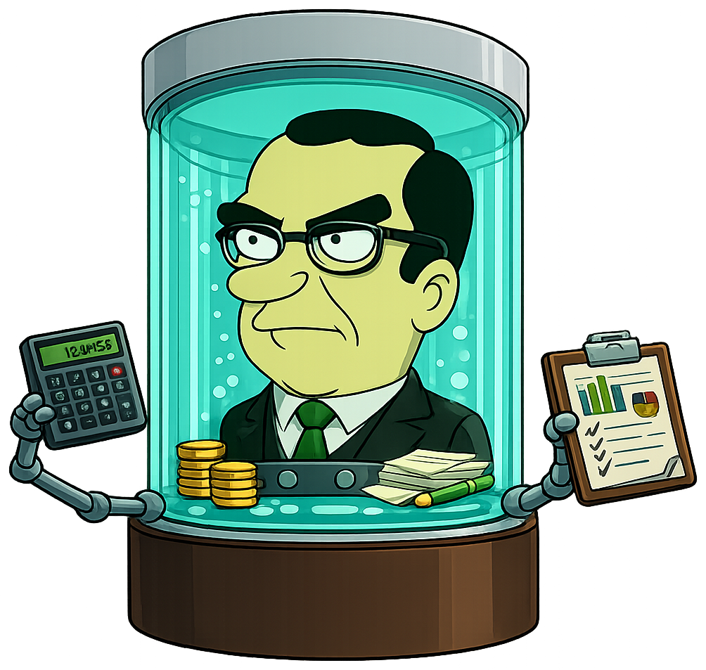 The head in a jar dressed as an accountant